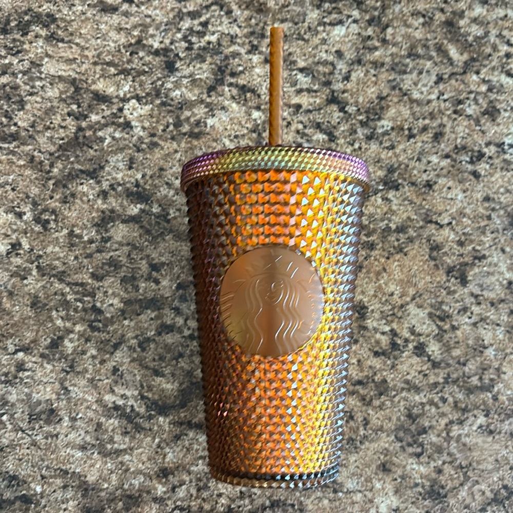 Starbucks anniversary grande size tumbler with straw orange, gold and purple